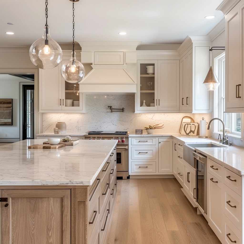 Renovated open-concept kitchen with island seating and custom cabinetry