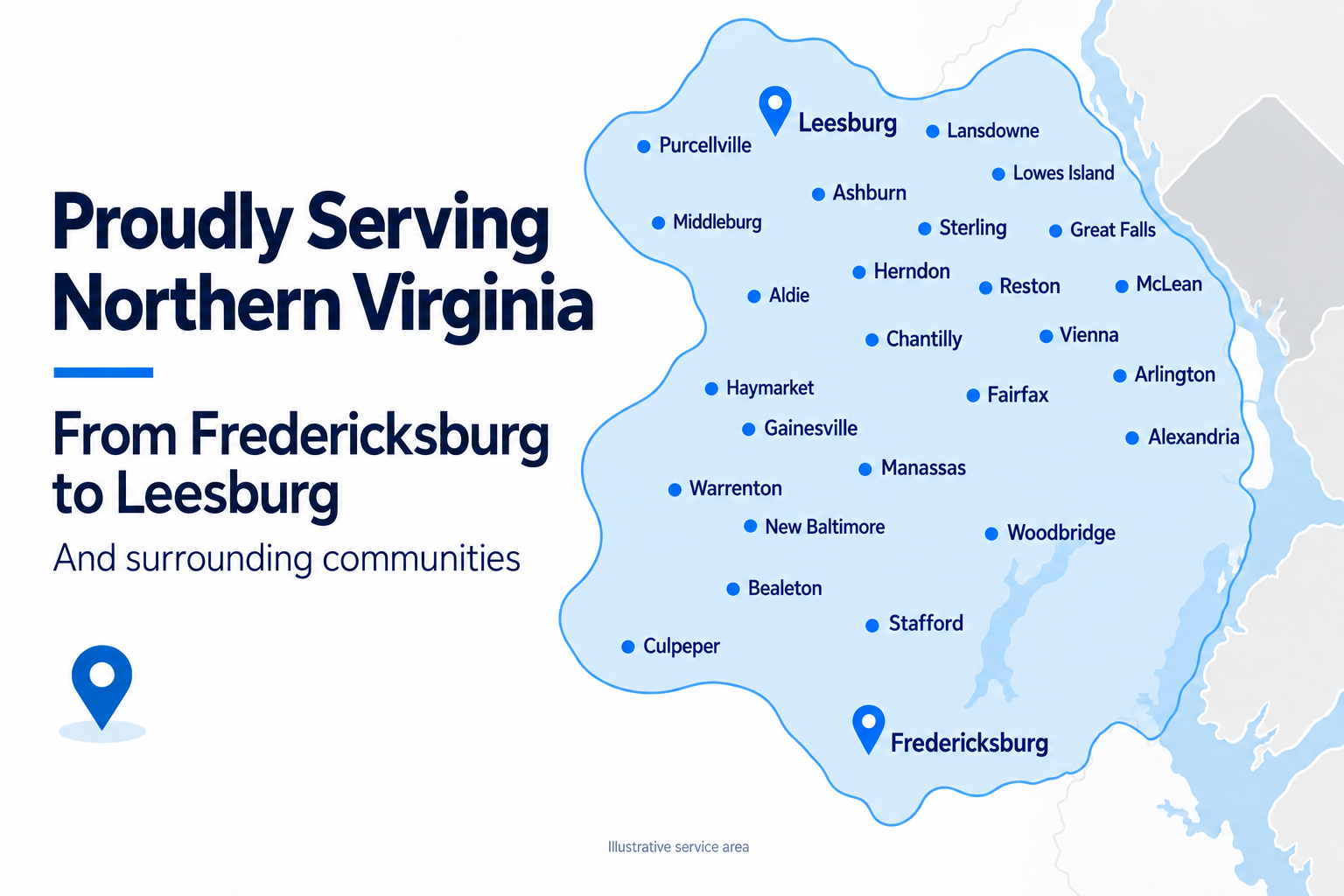 Map of Northern Virginia showing Virginia Pro Remodel service areas from Leesburg to Fredericksburg