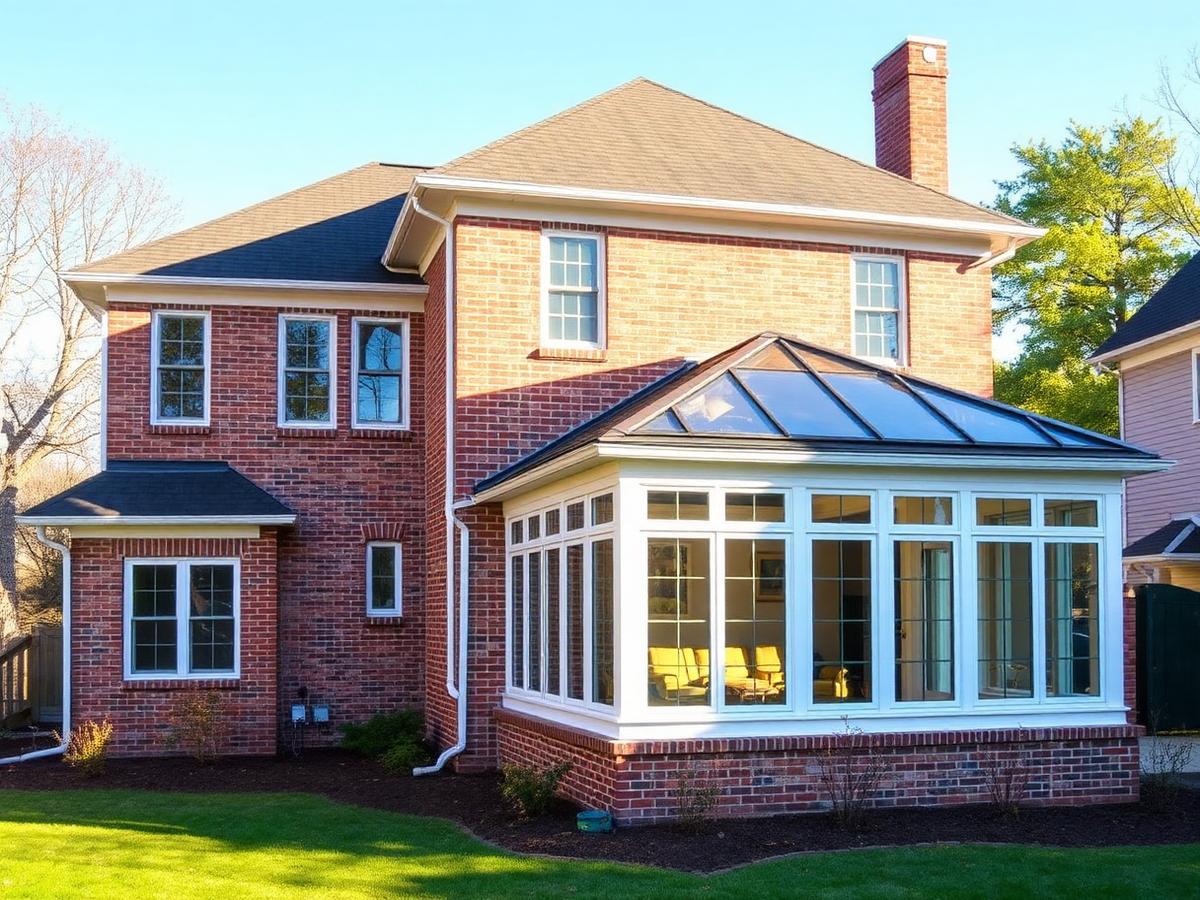 Completed rear sunroom addition on a brick colonial home